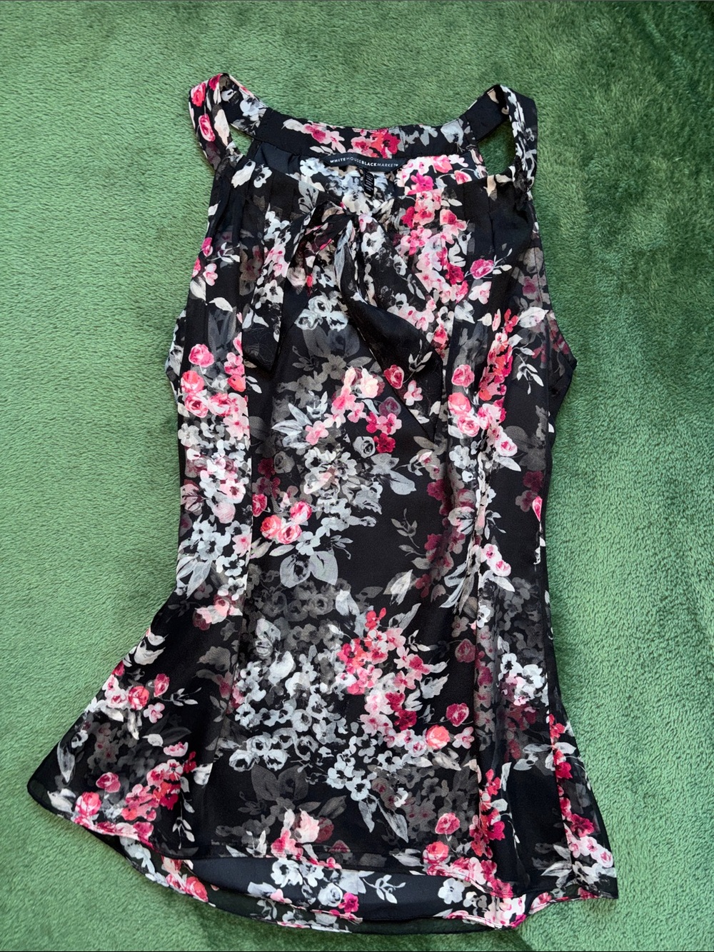 White House Black Market Black Floral Tie-Neck Blouse with Pink & White Blooms